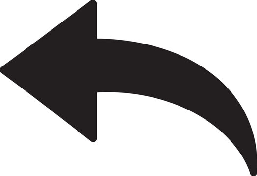 A bold black silhouette of a curved arrow pointing left, signifying return, reply, or undo actions, user interface also transparent background