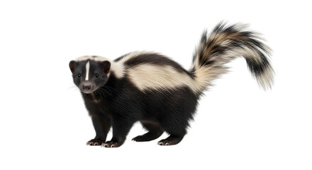 Fototapeta premium A small striped skunk standing on the ground isolated on transparent background