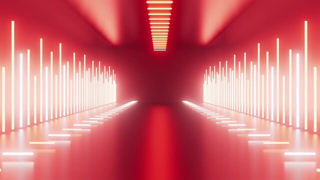 Futuristic red neon corridor with light lines and smooth floor background.