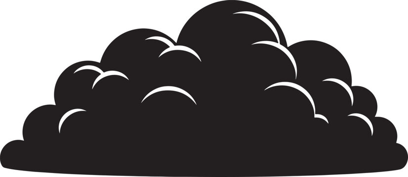 Stylized black silhouette of a fluffy cumulus cloud with white highlights, isolated on a white background, representing weather and sky also transparent background