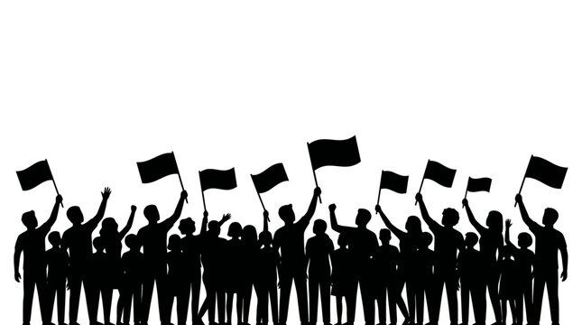 Crowd of Protesters Waving Flags Against White Background