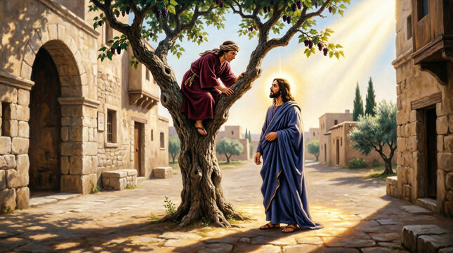 Zacchaeus climbs a tree, meets Jesus, finds grace, salvation transforms his life.