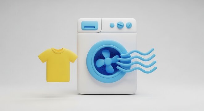 3D Stylized Washing Machine and Dryer with Yellow T-shirt and Air Flow