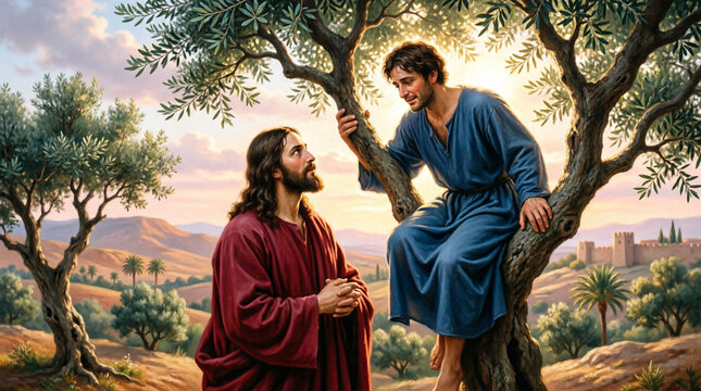 Zacchaeus climbs a tree, meets Jesus, finds grace, salvation transforms his life.