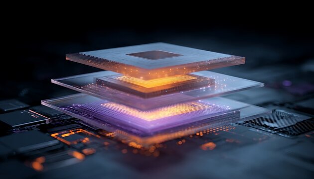 Abstract representation of stacked microchip layers with glowing orange and purple light, suggesting advanced technology and data processing on a dark circuit board