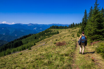 Obraz premium Man with Backpack Hiking on a Scenic Mountain Trail in the Carpathians