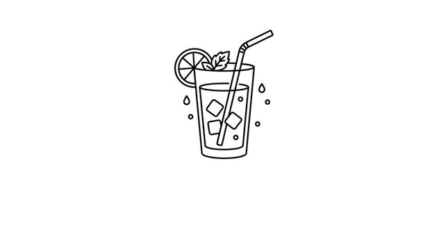 Refreshing drink with ice and lemon slice illustration