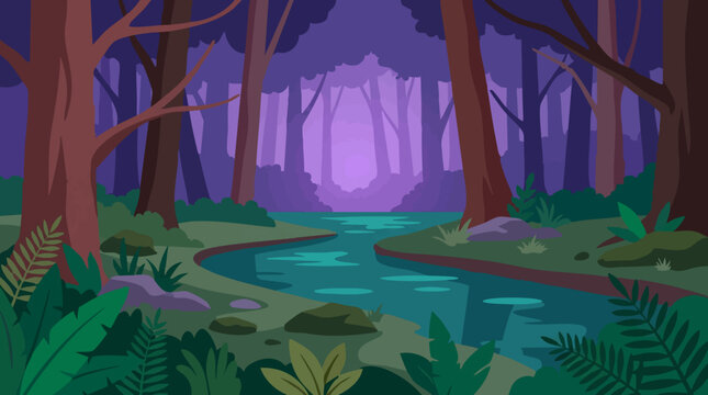Mystical nocturnal forest illustration with winding river and purple trees