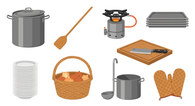 Outdoor BBQ Cooking and Dining Setup with Utensils and Grill