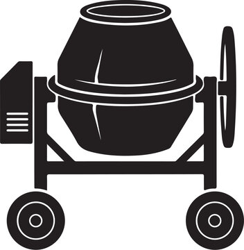 Black cement mixer icon, construction equipment symbol, industrial wheelbarrow, vector illustration