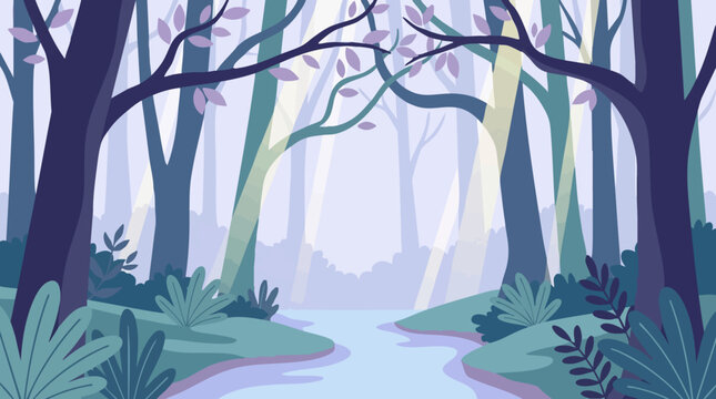 Dreamy Forest Landscape with River, Trees, and Sunlight Illustration