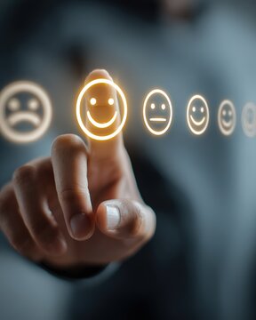 Hand touching a glowing happy smiley face for customer feedback