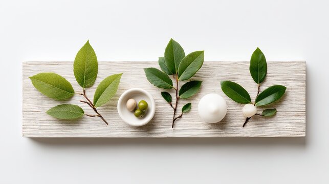Green leaves small bowl containing olives and white stone objects arranged neatly on a light wood rectangular board