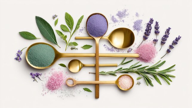Gold spoons with purple and green herbal powders plus colorful bath salts aromatic lavender sprigs and green herbs