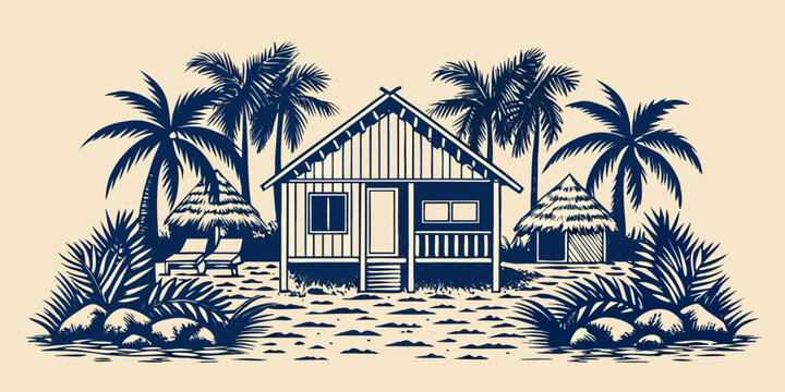 tropical beach hut with palm trees vintage style illustration