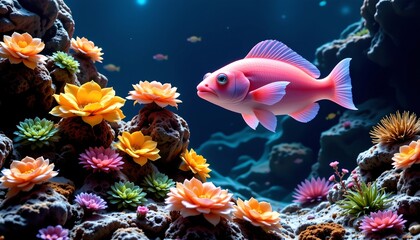Obraz premium A pink fish with prominent fins swims near a vibrant coral reef
