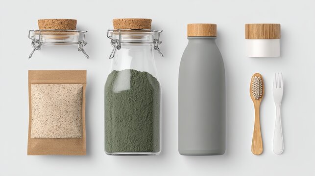 Glass jars with green powder grey water bottle brown paper pouch wooden toothbrush and fork on white background