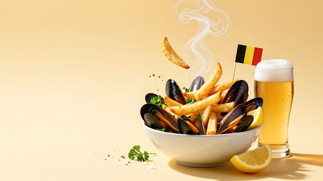 Moules marini&egrave;res fumantes servies avec bi&egrave;re blonde et citron sur fond clair