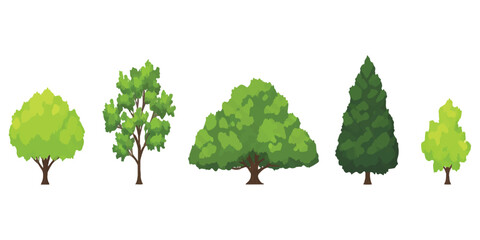 Set of five different green trees with various leaf shapes and sizes in a flat vector style ©  Designer