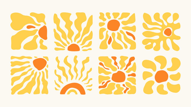 Sun burst pattern with groovy retro waves and abstract rays on vibrant summer background. Bold geometric shapes and vintage sunshine design with psychedelic radial elements and funky 70s style art.