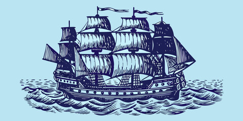 Vintage sailing ship illustration with detailed masts and waves © Achinta