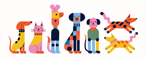 Obraz premium Cute Abstract Animal Character Collection with Colorful Cartoon Pets and Playful Modern Design