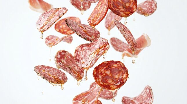 Meat chunks and slices of cured sausage are falling through the air with grease droplets around them on a white background