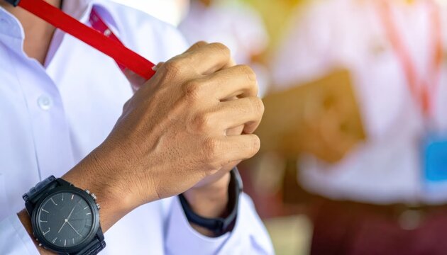 Student Adjusting Red Necktie on White School Uniform in Bright Classroom Setting