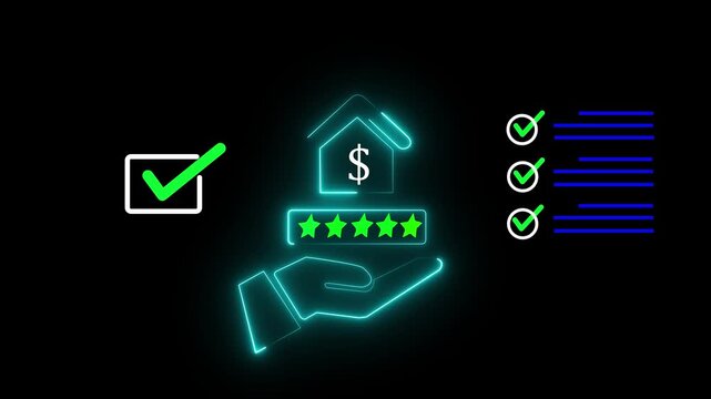 Real estate approval and property rating. reviewing online mortgage approval with five star home loan rating and digital checklist on laptop, real estate financing evaluation and fintech 4k vido