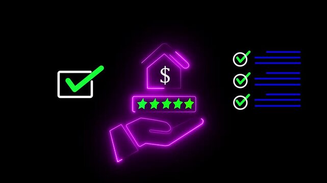 Real estate approval and property rating. reviewing online mortgage approval with five star home loan rating and digital checklist on laptop, real estate financing evaluation and fintech 4k vido