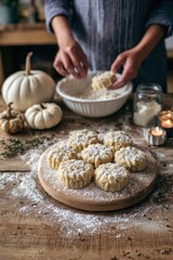 Fototapeta premium A child uses cookie cutters to shape dough into pumpkin figures in a kitchen. Nearby, small pumpkins and candles add to the fall atmosphere. Flour covers the counter