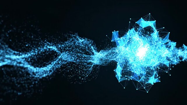 Glowing blue particles burst forth in a spectacular display of light and energy against a dark backdrop.