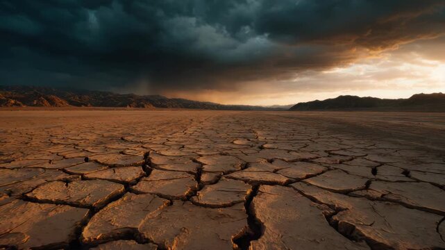 Cracked dry lake bed under dark storm sky, barren desert landscape with dramatic cloud, sunset glow, parched soil, arid plain, wide horizon, mountain range, clay ground, SEO friendly nature scene