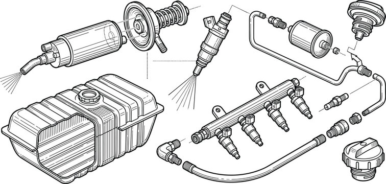 Detailed Line Art Illustration of Fuel Injection System Components, Including Injectors, Fuel Tank, and Filters for Automotive and Engine Design
