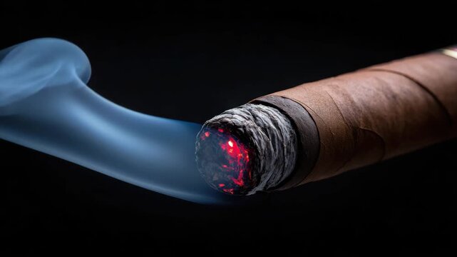 Cigar smoke glowing ember closeup dark background tobacco cigar close up burning tip smoke trail macro detail brown wrapper lit cigar glowing cigarette tip with blue smoke on black background