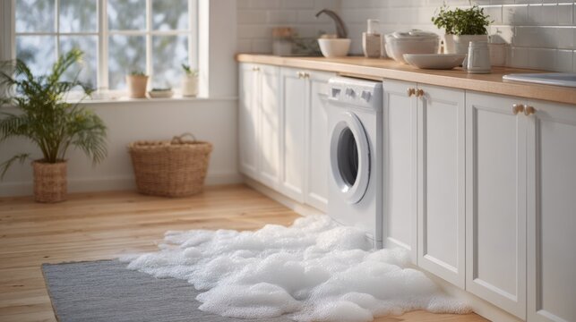Water and soap foam spill out from washing machine onto the kitchen floor. The room has a clean look with natural light coming from the window. The scene shows a household appliance failure