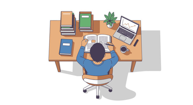 Person studying at desk with books laptop coffee overhead view