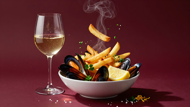 Moules frites avec un verre de vin blanc