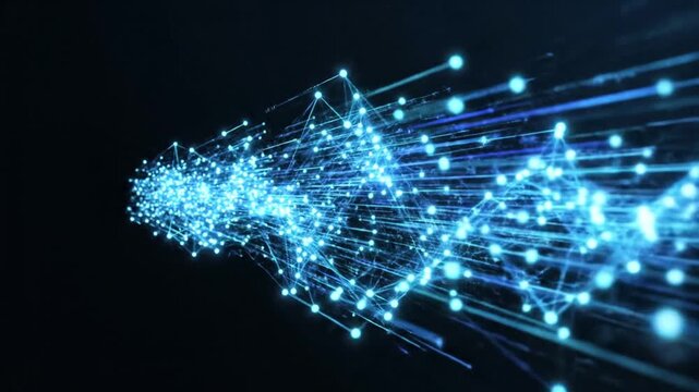A futuristic network visualization unfolds across the screen with glowing blue lines and nodes.