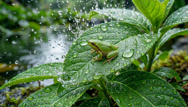 나뭇잎 위 작은 청개구리와 튀어 오르는 빗방울의 역동적인 매크로 촬영, Dynamic Macro Shot of a Tiny Tree Frog on a Green Leaf with Splashing Raindrops청개구리, 여름비, 물방울, 나뭇잎, 매크로, 자연, 생생함, 튀어 오름, 초록색, 비 오는 날, 촉촉한, 생태, 동심원, 신선함, 고화질