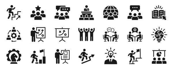 Business training solid icons set. Representing leadership, teamwork, strategy planning, communication, career growth, and professional development symbol. © lovemask