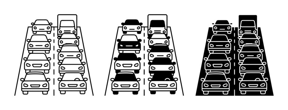 3 Traffic Jam silhouette icons cars trucks highway, solid black style, transportation logistics set
