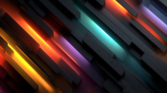 Rectangular bars display parallel alignments with intense neon lighting in shades of crimson, cyan, and gold that provide a bold visual texture for technology presentations and abstract backgrounds.