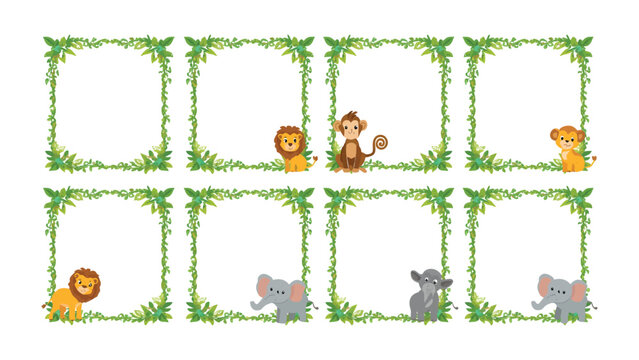 Jungle Animal Frames: A set of charming jungle animal frames, adorned with lush greenery, ready to add a touch of whimsy and joy. These frames, perfect for invitations, greetings.