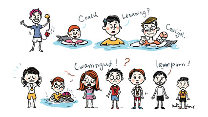 Fototapeta premium Drawn People Learning: A whimsical illustration captures a group of diverse individuals, each in a cartoon style, engaging in the process of learning.