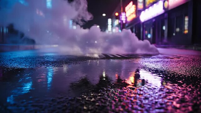 Neon reflections on wet asphalt and smoke concept. Night city street with colorful neon lights reflecting on wet pavement and steam rising from a manhole