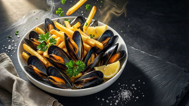 Moules frites chaudes servies dans un bol blanc avec du citron et du persil