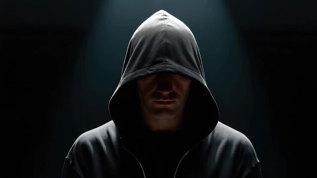 Hooded man in dark shadow with hidden face, mysterious adult male in black hoodie, dramatic light and low light anonymous portrait with concealment and secrecy