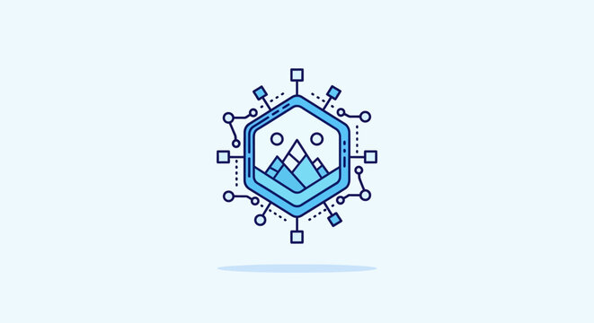 Abstract hexagonal digital icon featuring mountain landscape and network connectivity nodes.