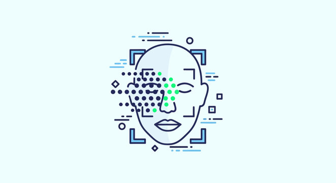 Abstract illustration of facial recognition technology scanning a human face.
